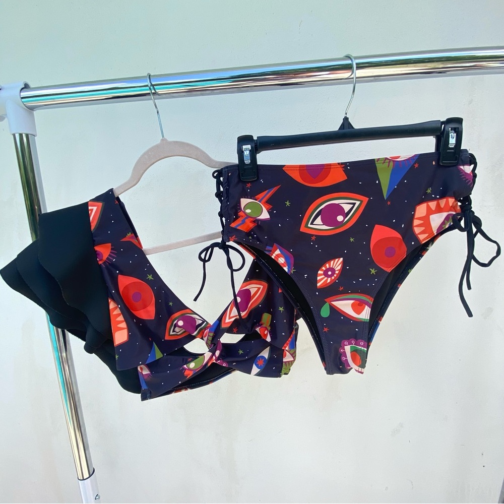 Psychedelic Black Multicolor Eye Print Bikini Set Size Large